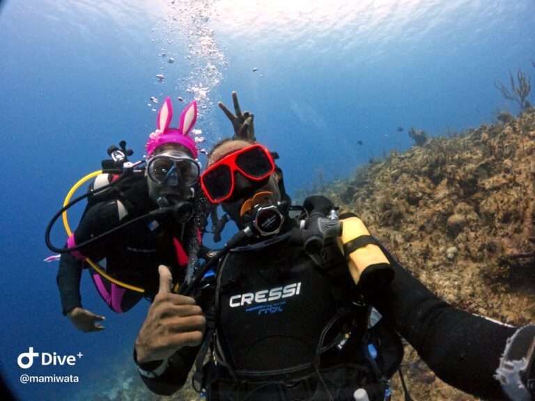 Black woman and man scuba diving underwater in the Bahamas. Woman is wearing pink bunny ears and doing the bunny ears hand sign behind the man. The man is giving the thumbs up sign.