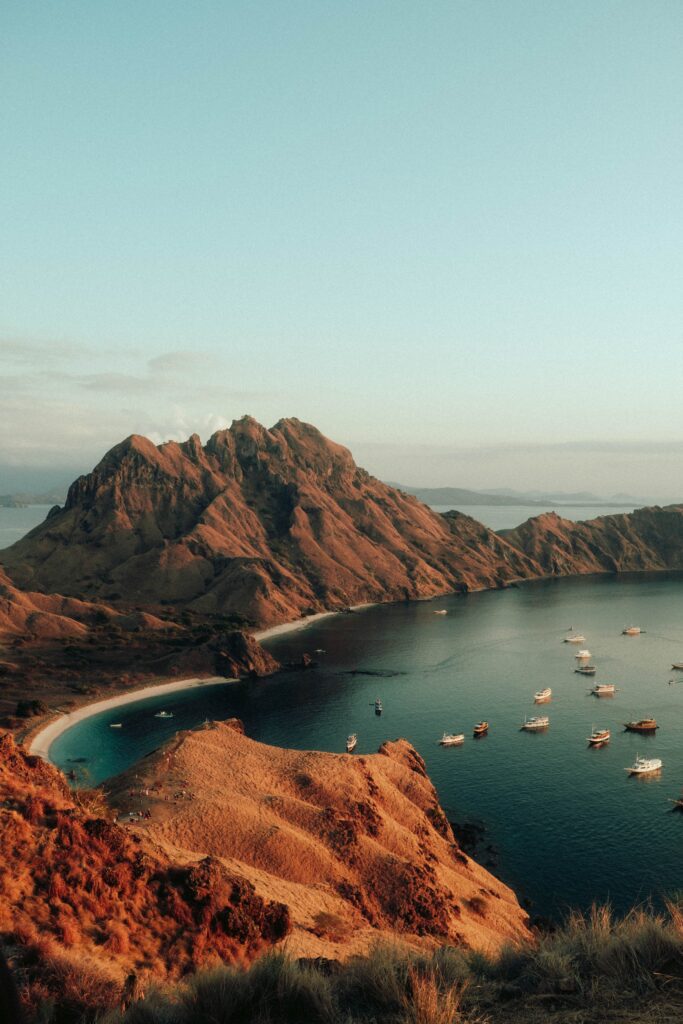 aerial view of boats in the bay of Komodo Island