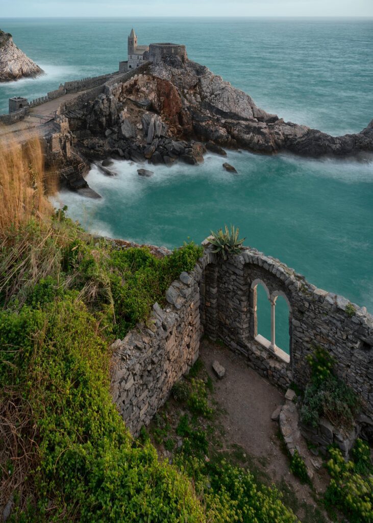 san pietro church in portovenere italy, located on the cliff facing the oceanfront 
