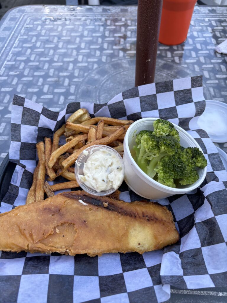 fish and chips with broccoli and tartar sauce
