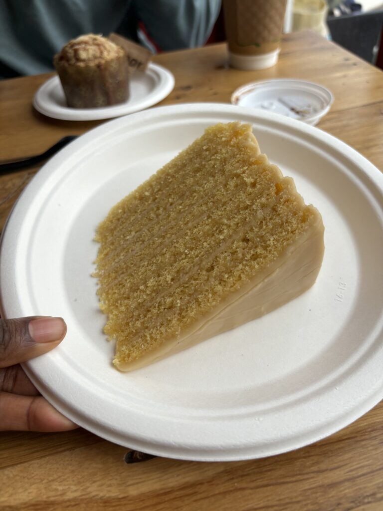 a slice of caramel cake at Misha's coffee shop