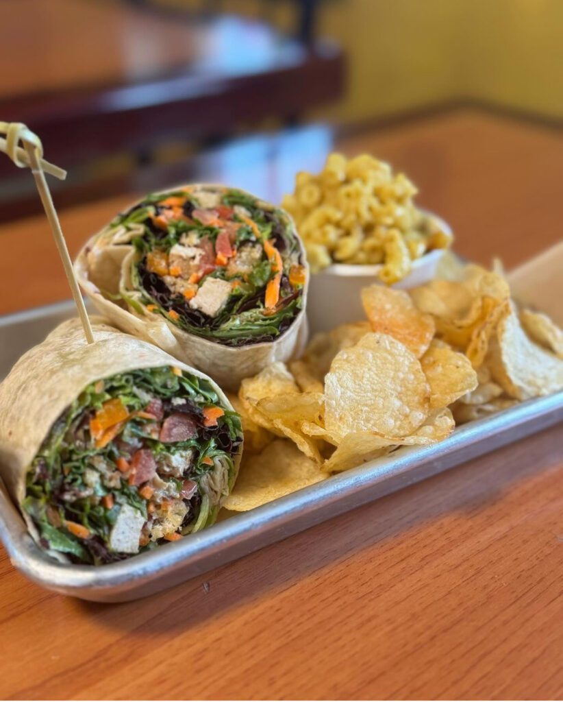 a vegan wrap and chips on a serving table at Kelley Farm Kitchen restaurnt in Harpers Ferry