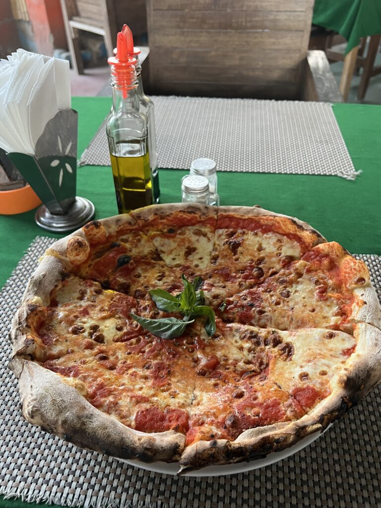 a medium margherita pizza on the table with fresh basil on the top at Pizzeria Regina