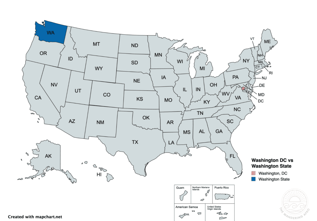 a map that shows the difference between the state of Washington and Washington D.C 