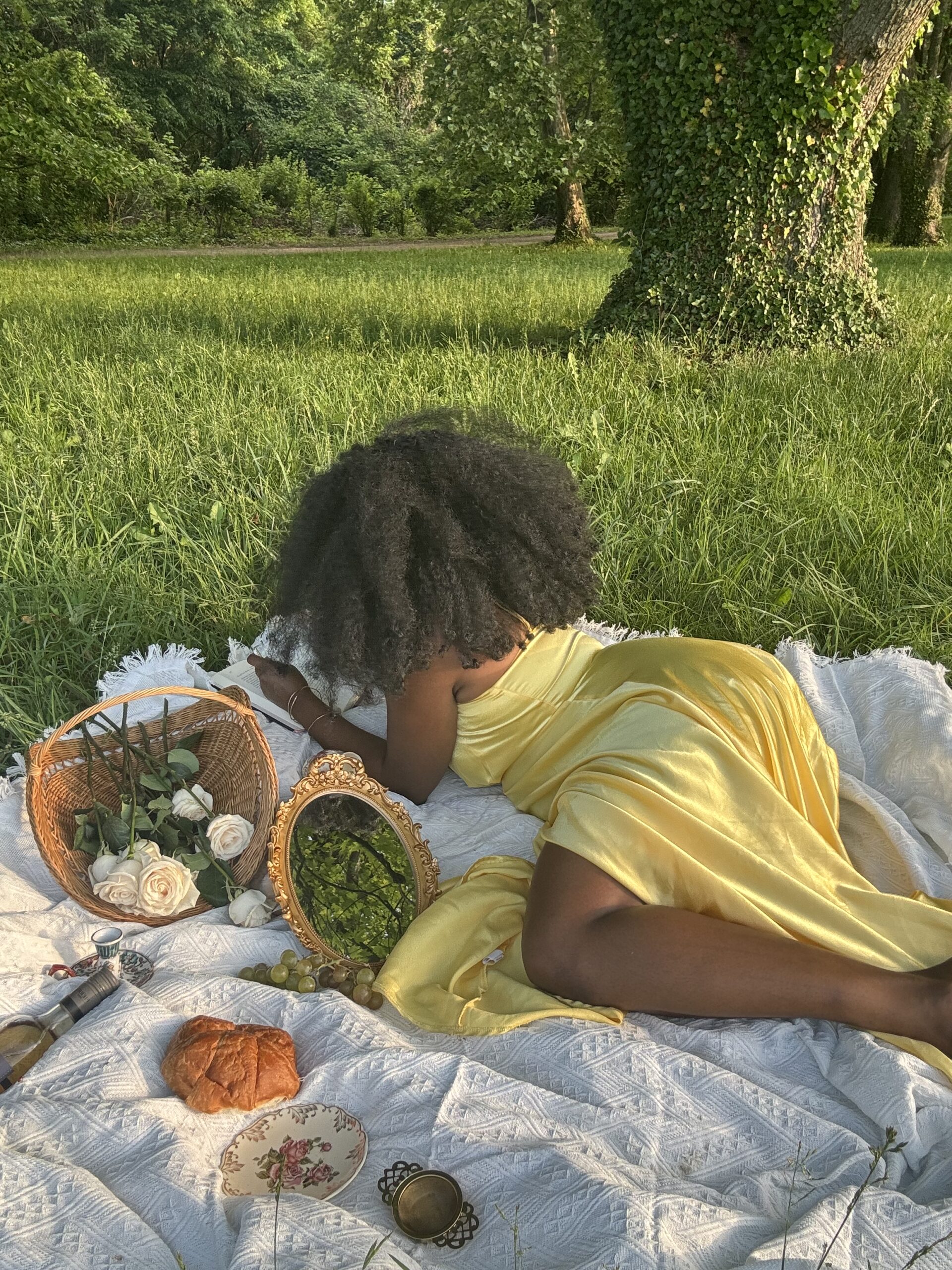 black woman with large afro in yellow dress laying on white sheet next to a tree. On sheet are croissants, fruit, flowers, flower basket, and gold antique looking mirror.