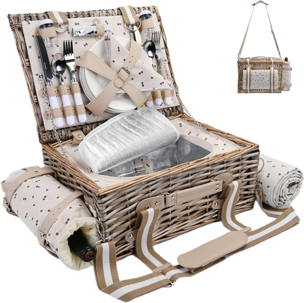 vintage picnic basket with blankets and silverware