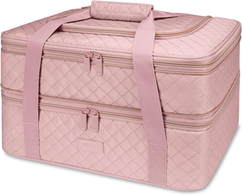 pink carrier to keep food warm during picnics